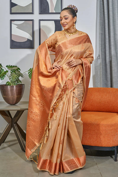 COOKIE BROWN TISSUE SILK SAREE WITH COPPER, GOLD AND SILVER ZARI WEAVING