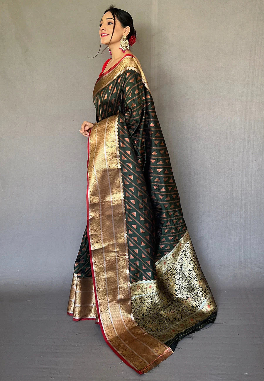 BLACK Banarasi Silk Leheriya Copper Zari Woven Saree