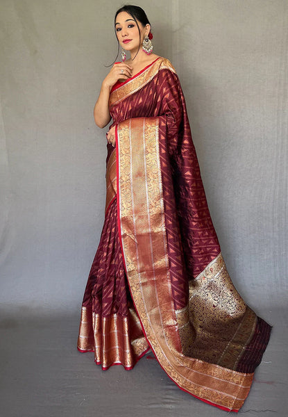 BROWN Banarasi Silk Leheriya Copper Zari Woven Saree