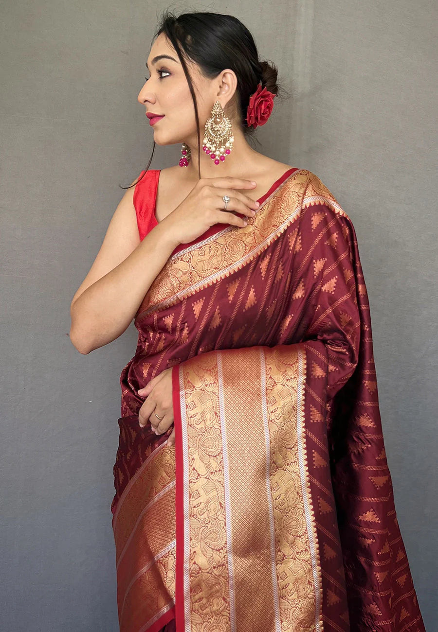 BROWN Banarasi Silk Leheriya Copper Zari Woven Saree