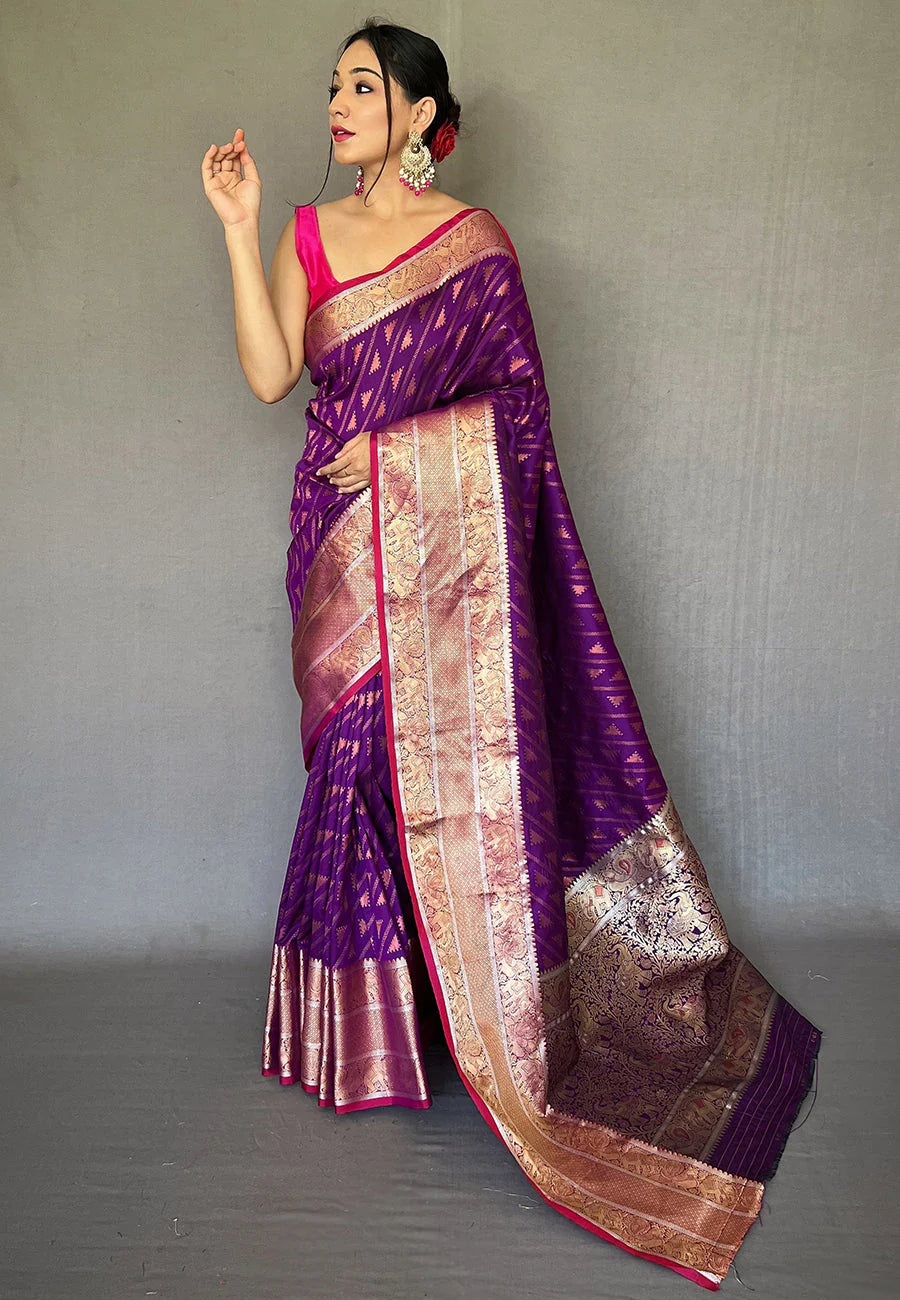 MUVE PURPLE Banarasi Silk Leheriya Copper Zari Woven Saree