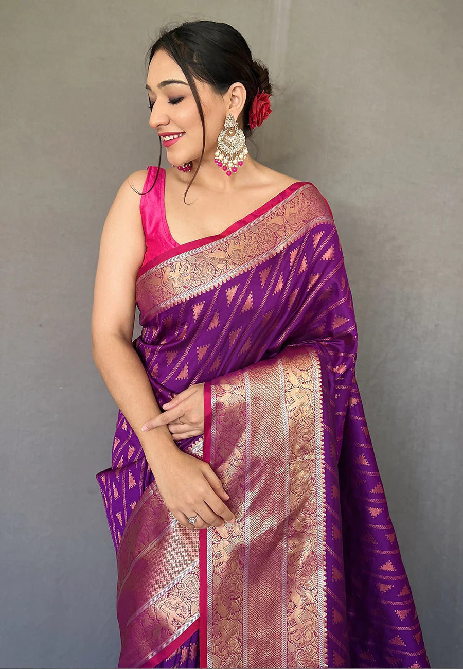 MUVE PURPLE Banarasi Silk Leheriya Copper Zari Woven Saree