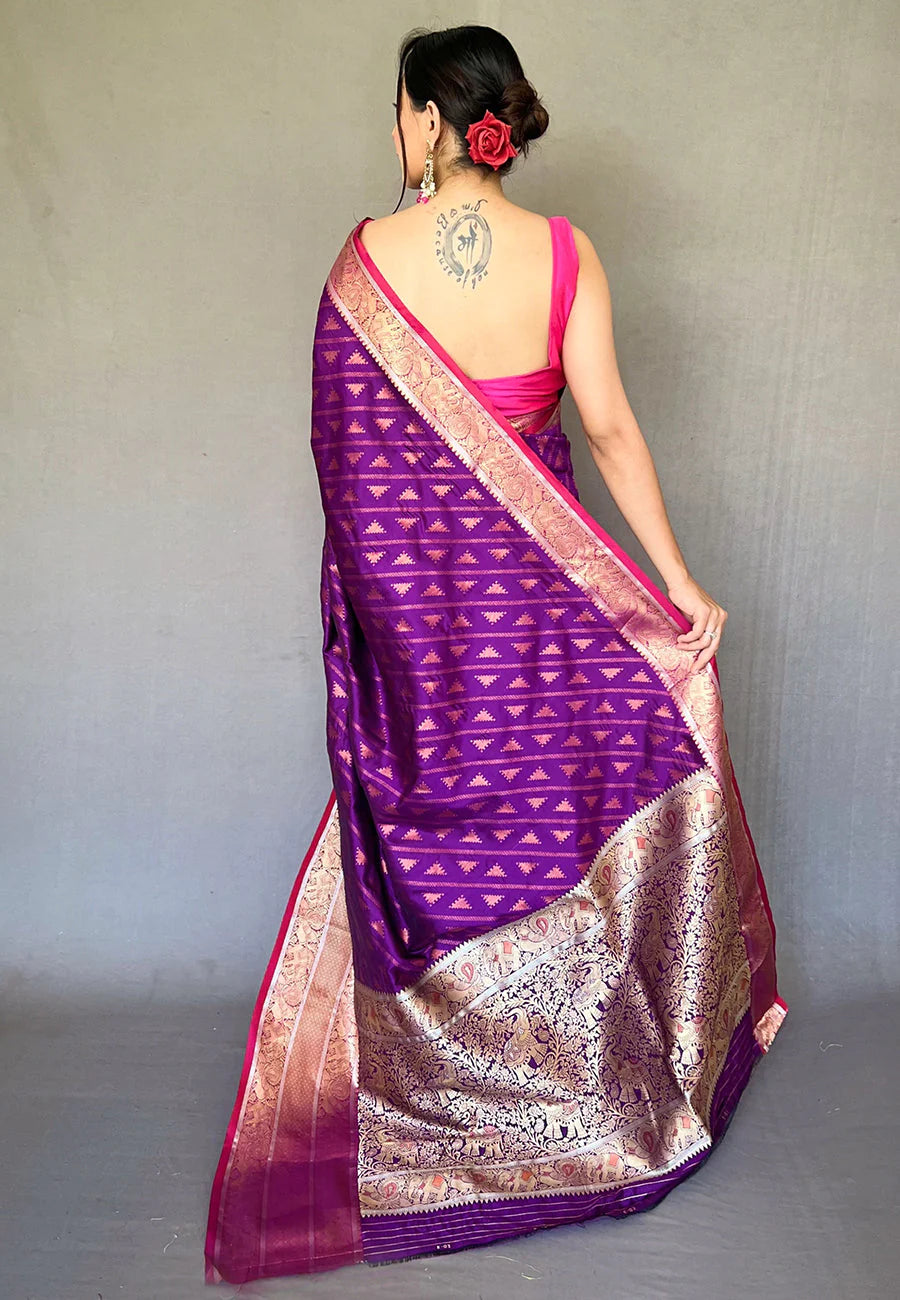 MUVE PURPLE Banarasi Silk Leheriya Copper Zari Woven Saree