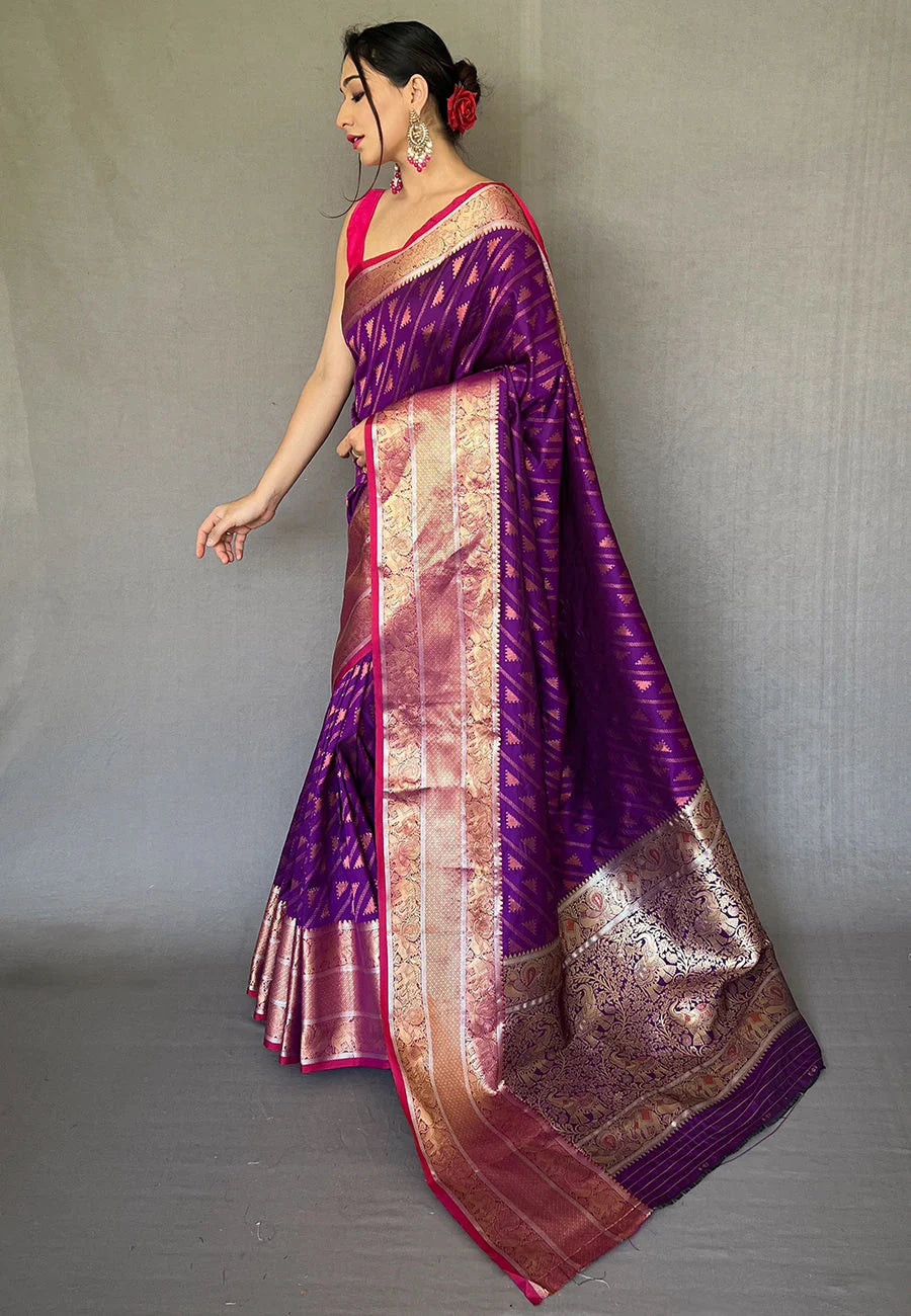 MUVE PURPLE Banarasi Silk Leheriya Copper Zari Woven Saree