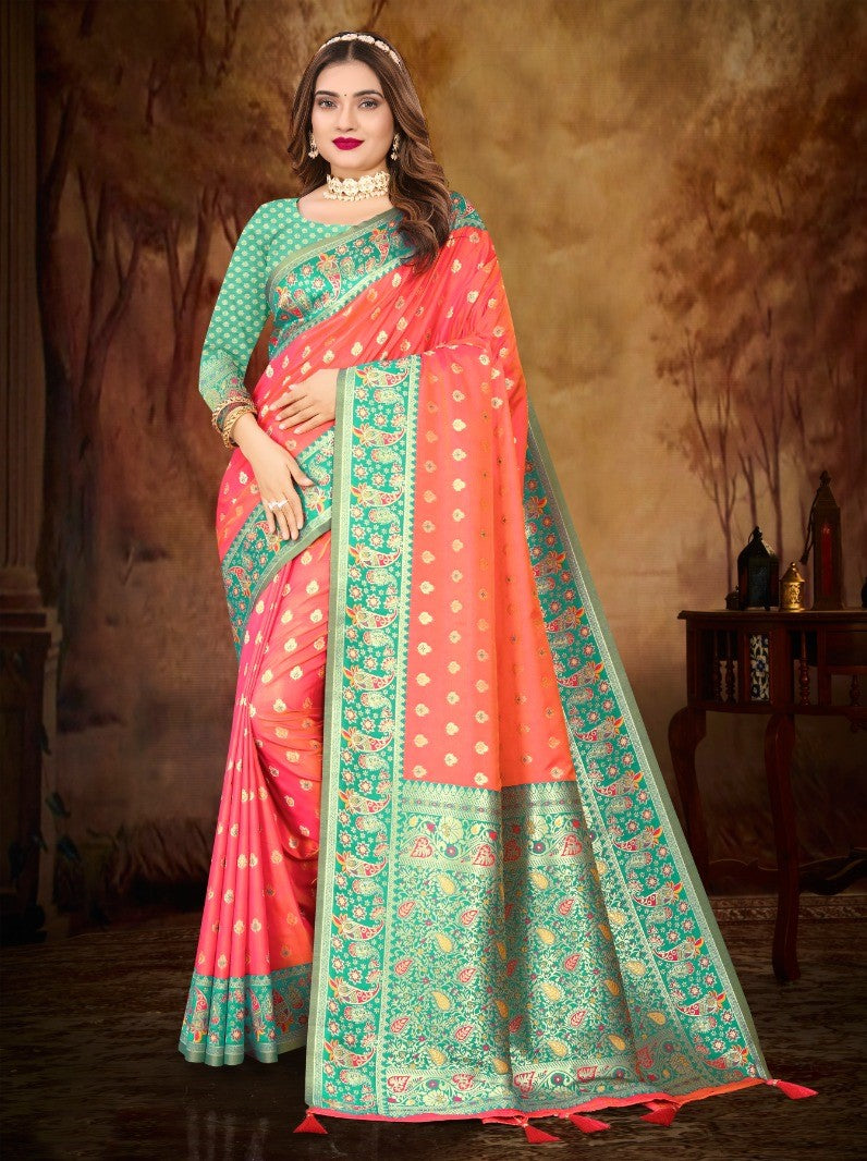 PINK & GREEN HANDLOOM WEAVE KANJIVARAM SILK SAREE