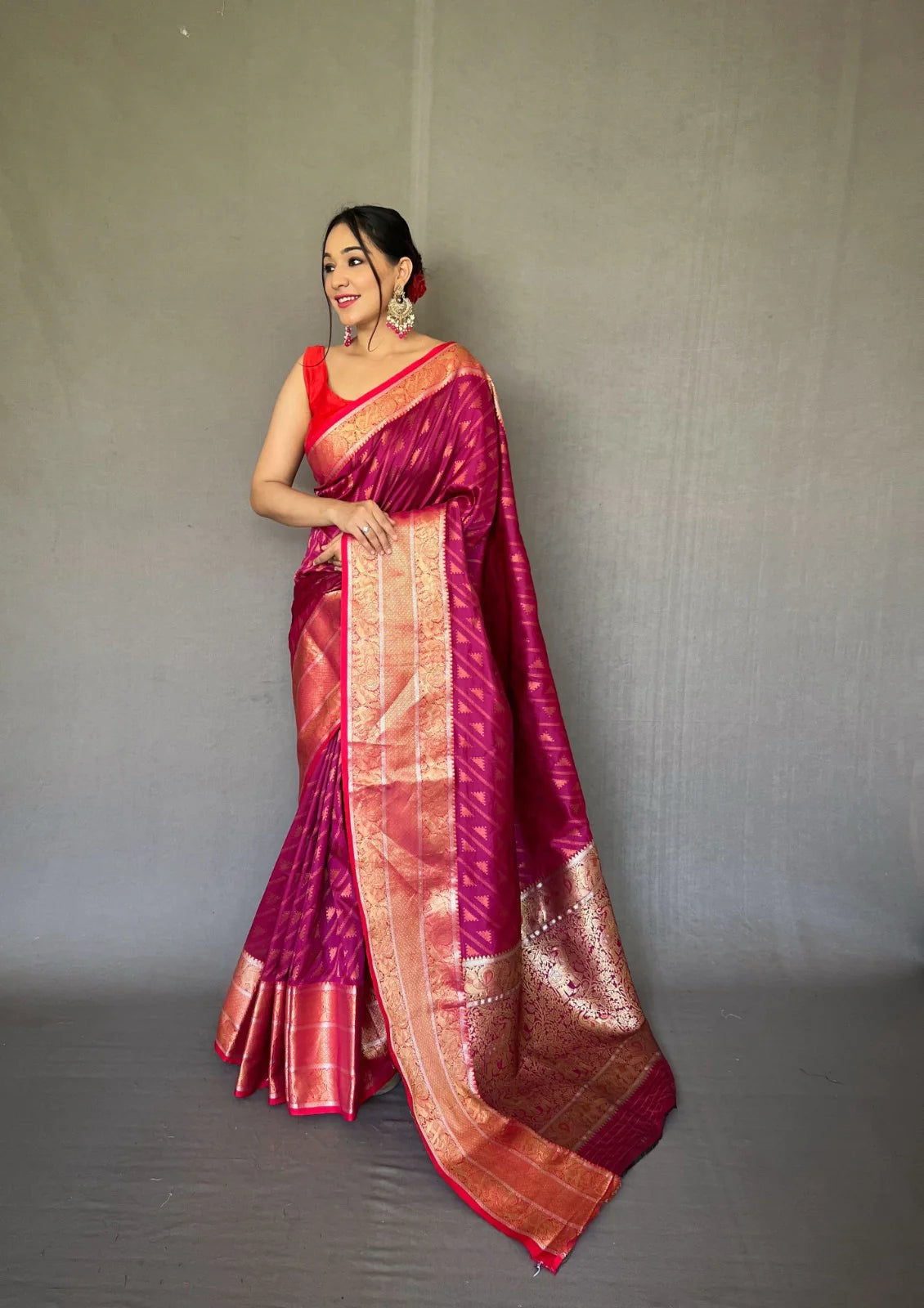 DARK RANI PINK Banarasi Silk Leheriya Copper Zari Woven Saree