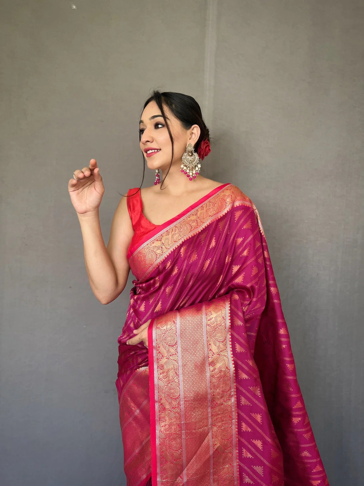 DARK RANI PINK Banarasi Silk Leheriya Copper Zari Woven Saree