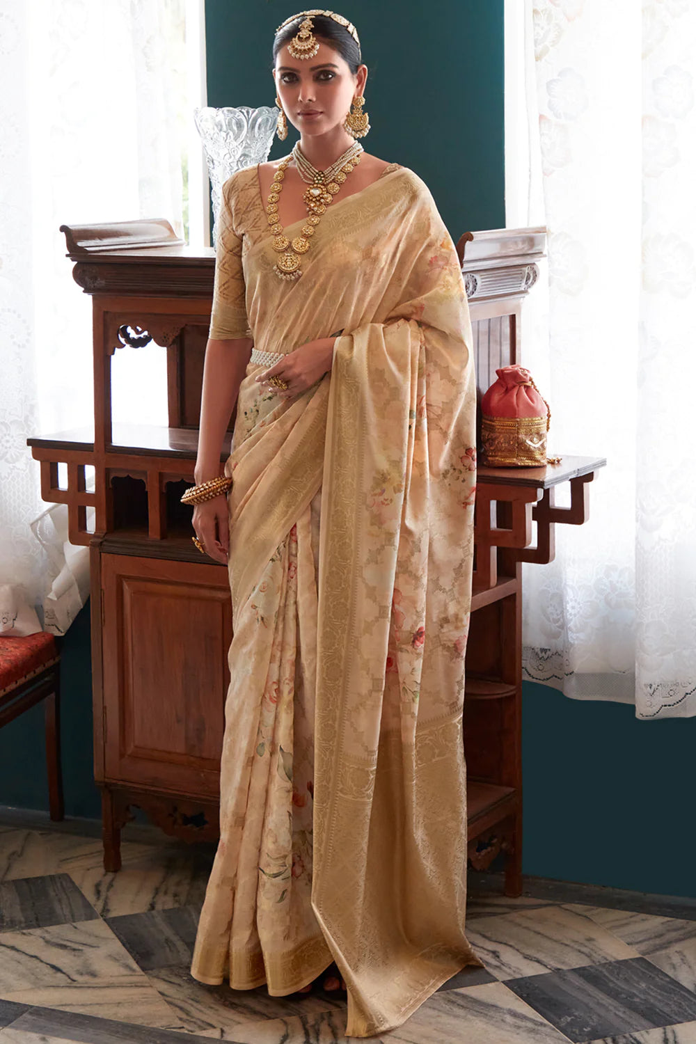 Almond Beige WOVEN TWO TONE SOFT SILK SAREE