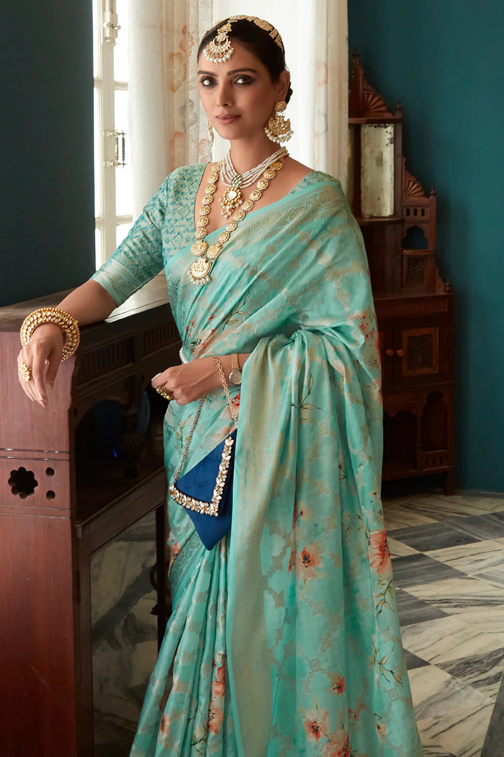 Mint Green WOVEN TWO TONE SOFT SILK SAREE