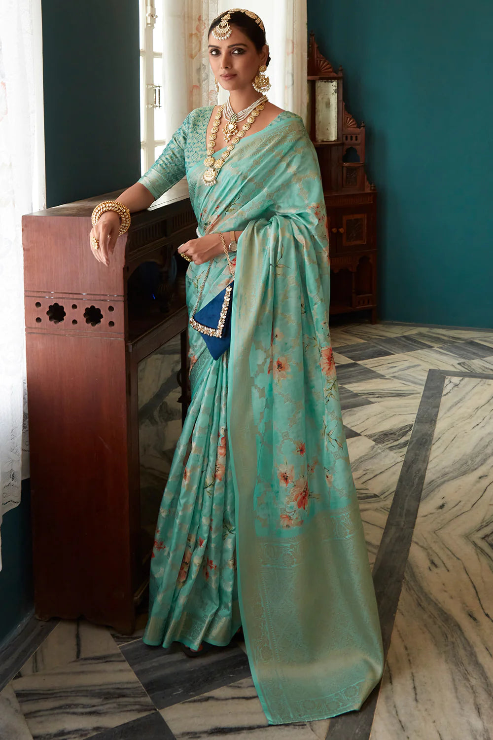 Mint Green WOVEN TWO TONE SOFT SILK SAREE