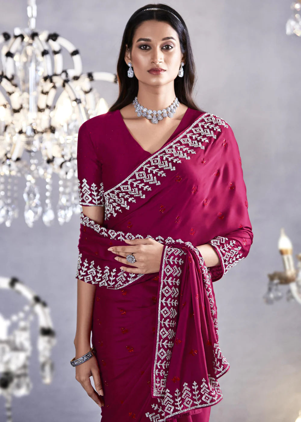 HOT PINK Embroidered Satin Silk Zarkan Work  Saree