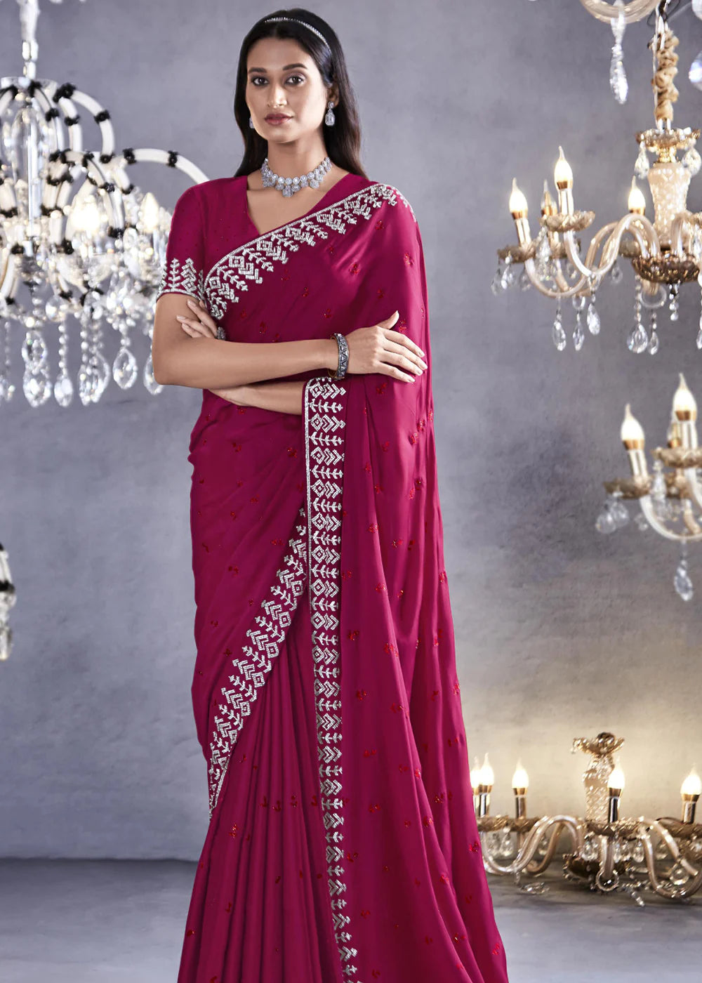 HOT PINK Embroidered Satin Silk Zarkan Work  Saree