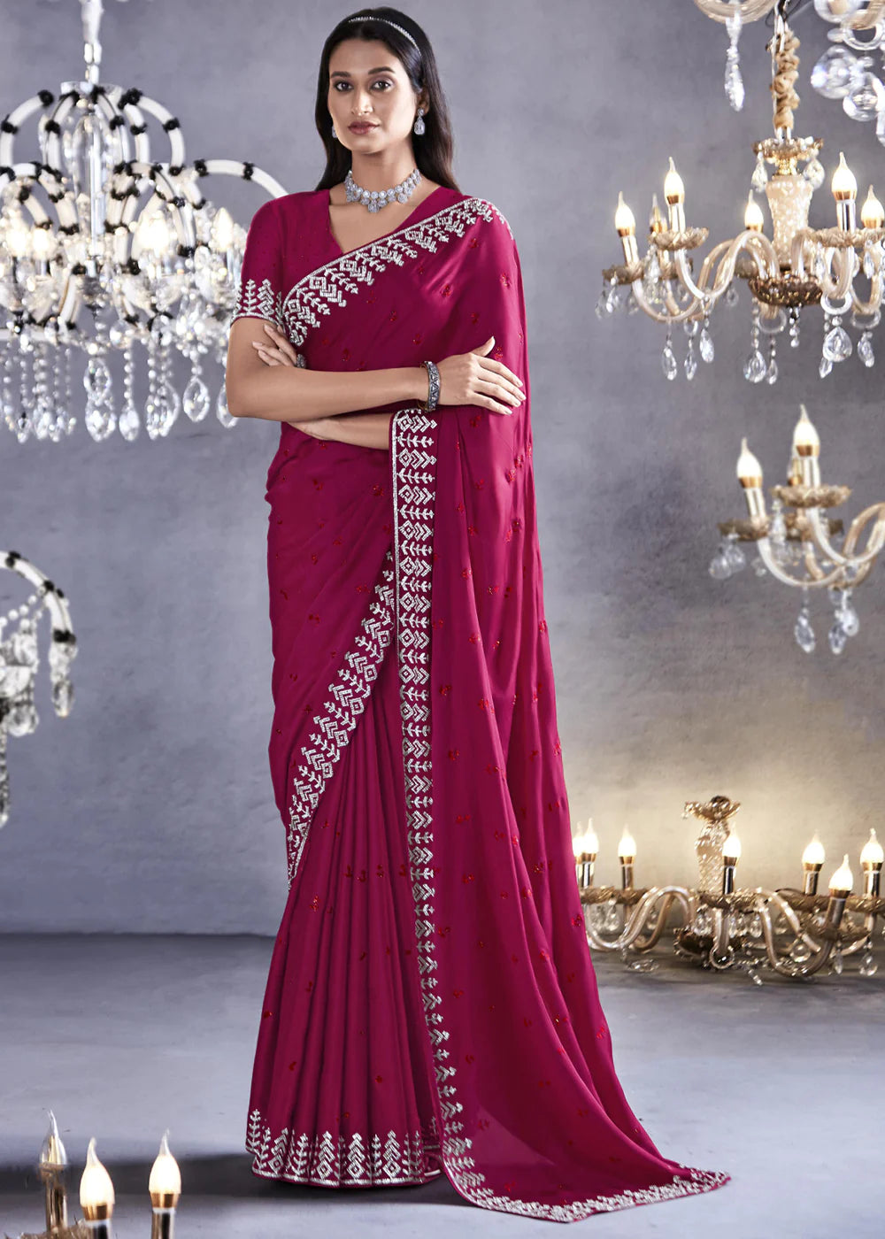 HOT PINK Embroidered Satin Silk Zarkan Work  Saree