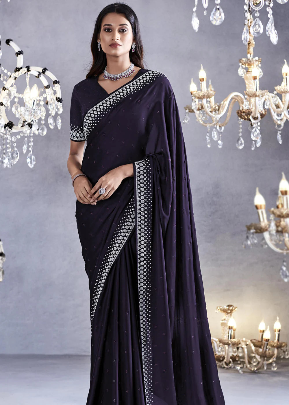 MID NIGHT BLUE Embroidered Satin Silk Zarkan Work  Saree