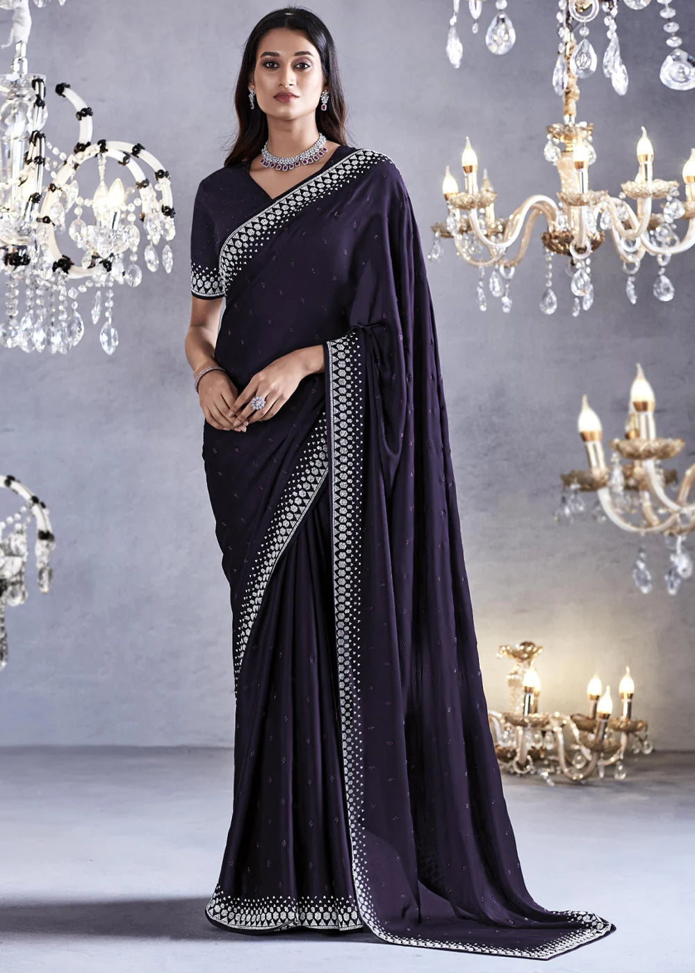 MID NIGHT BLUE Embroidered Satin Silk Zarkan Work  Saree