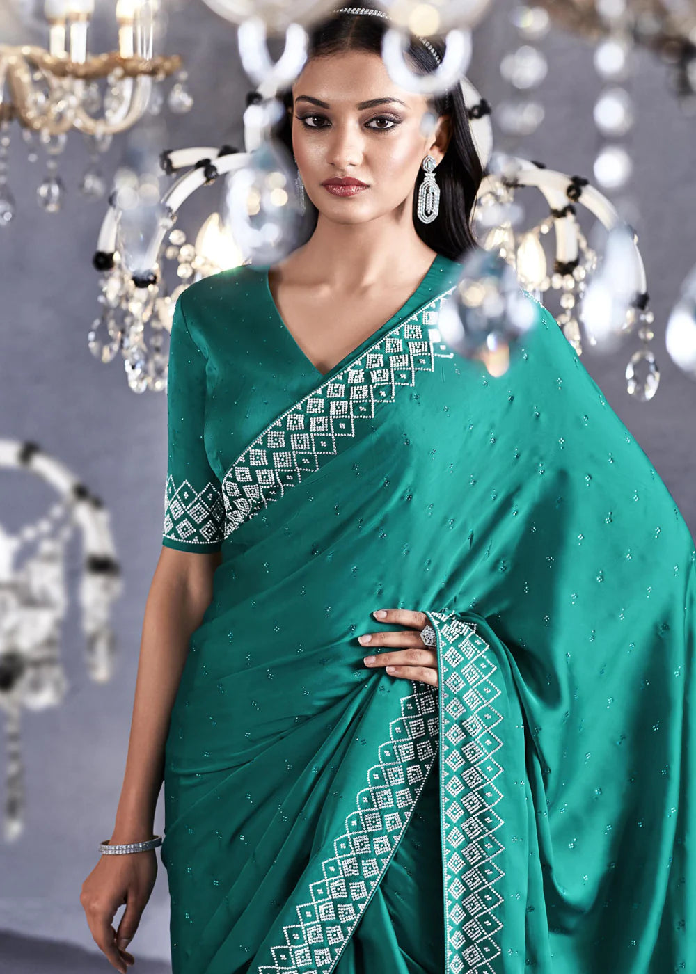 WATER GREEN Embroidered Satin Silk Zarkan Work  Saree