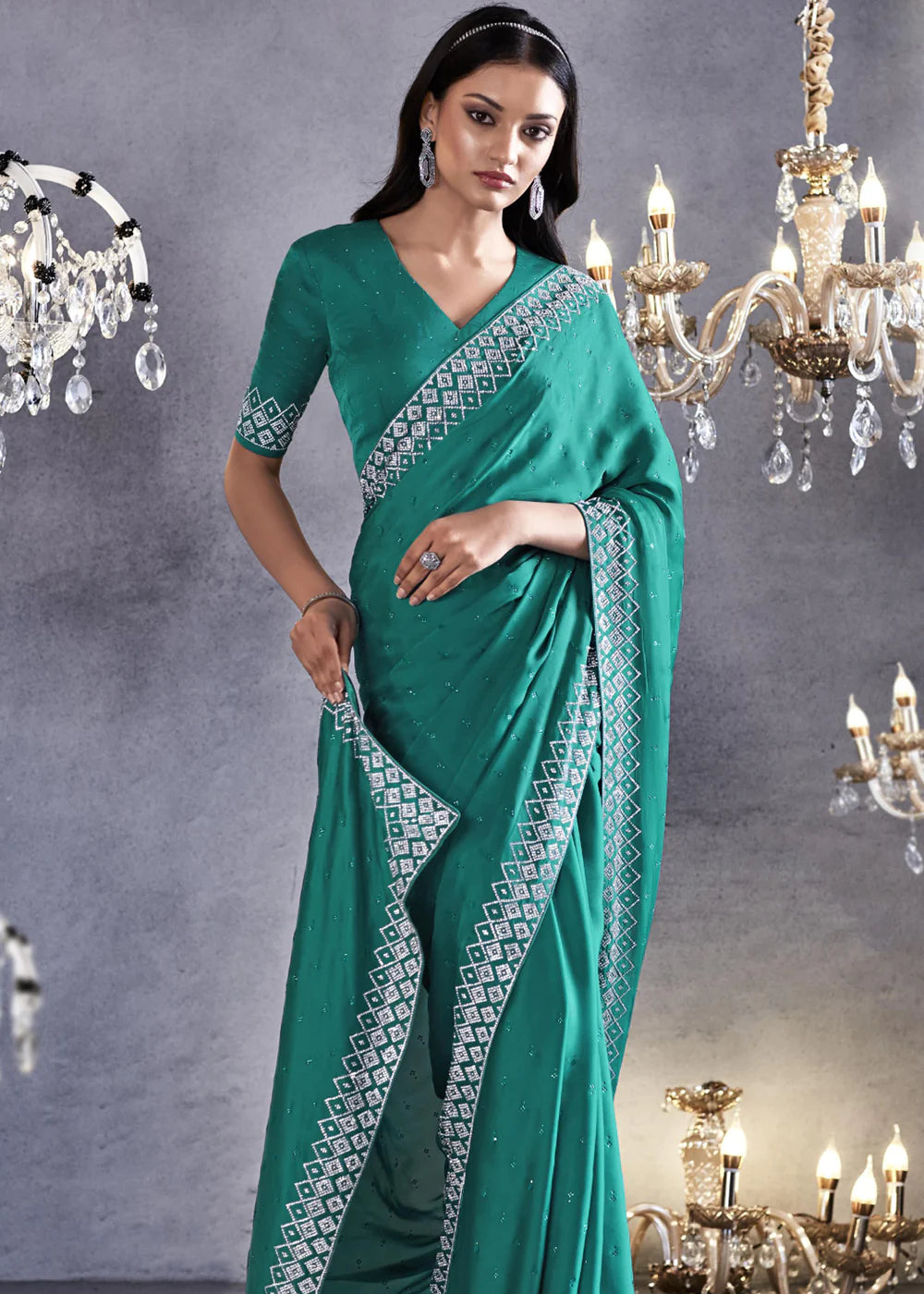 WATER GREEN Embroidered Satin Silk Zarkan Work  Saree