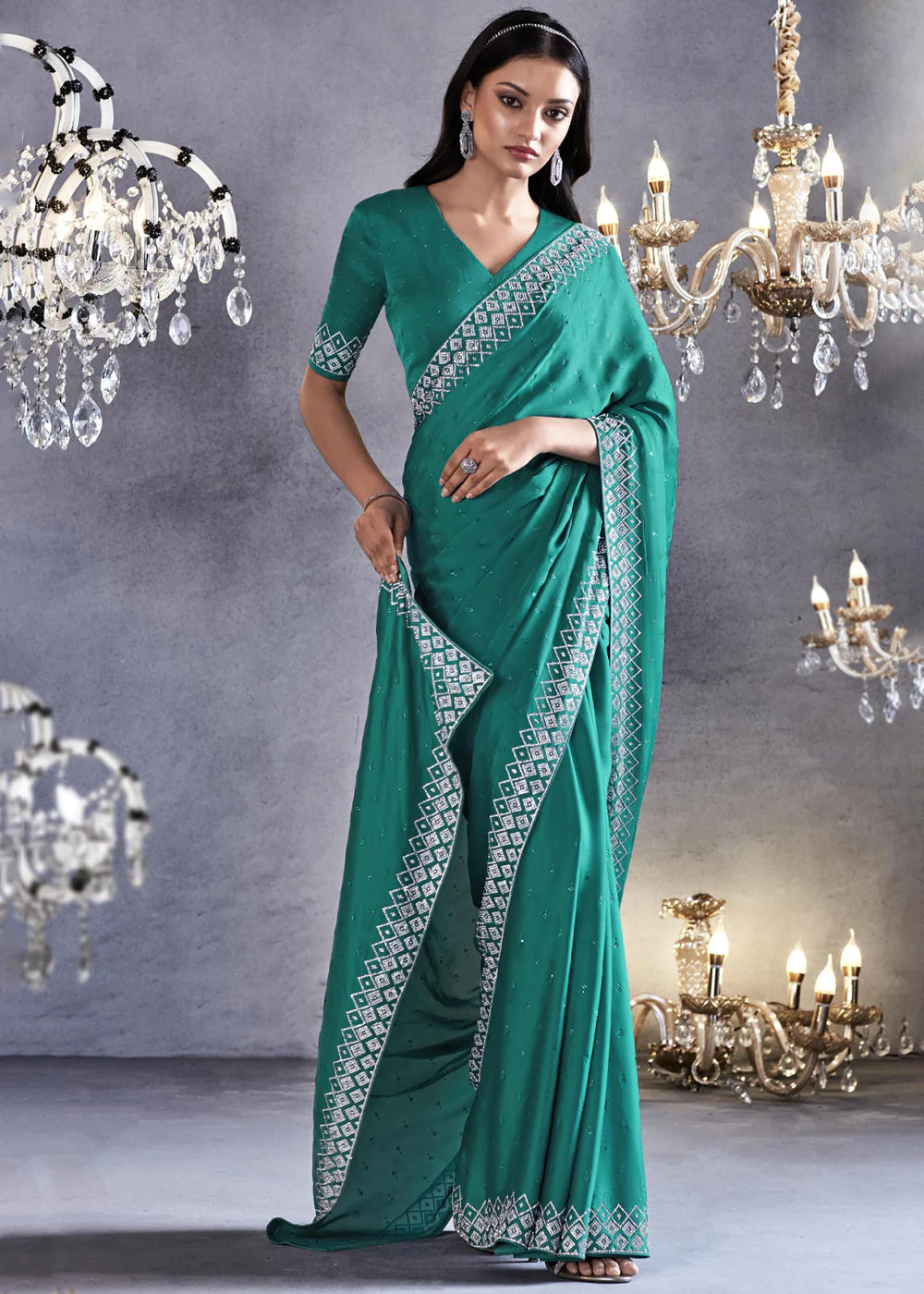 WATER GREEN Embroidered Satin Silk Zarkan Work  Saree