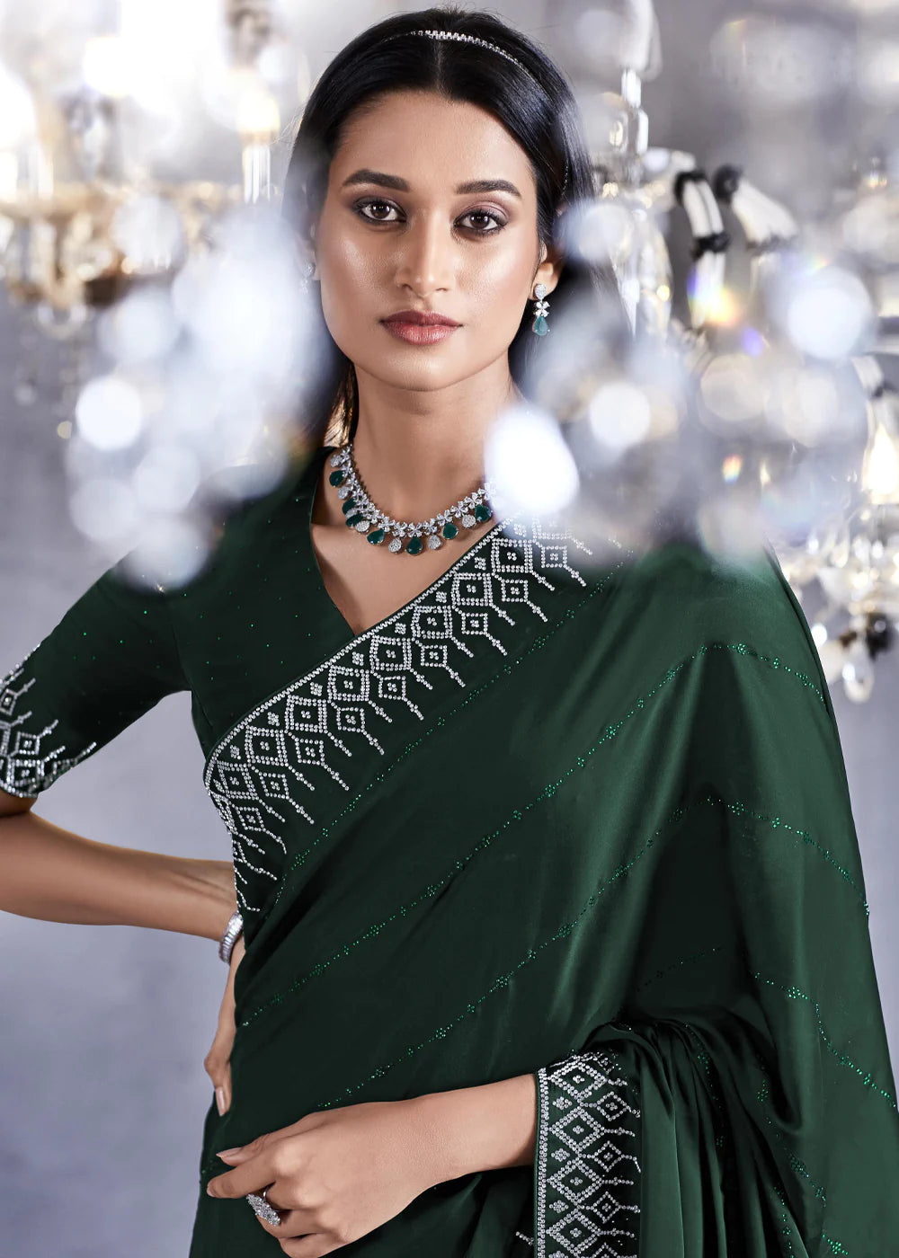 OLIVE GREEN Embroidered Satin Silk Zarkan Work  Saree