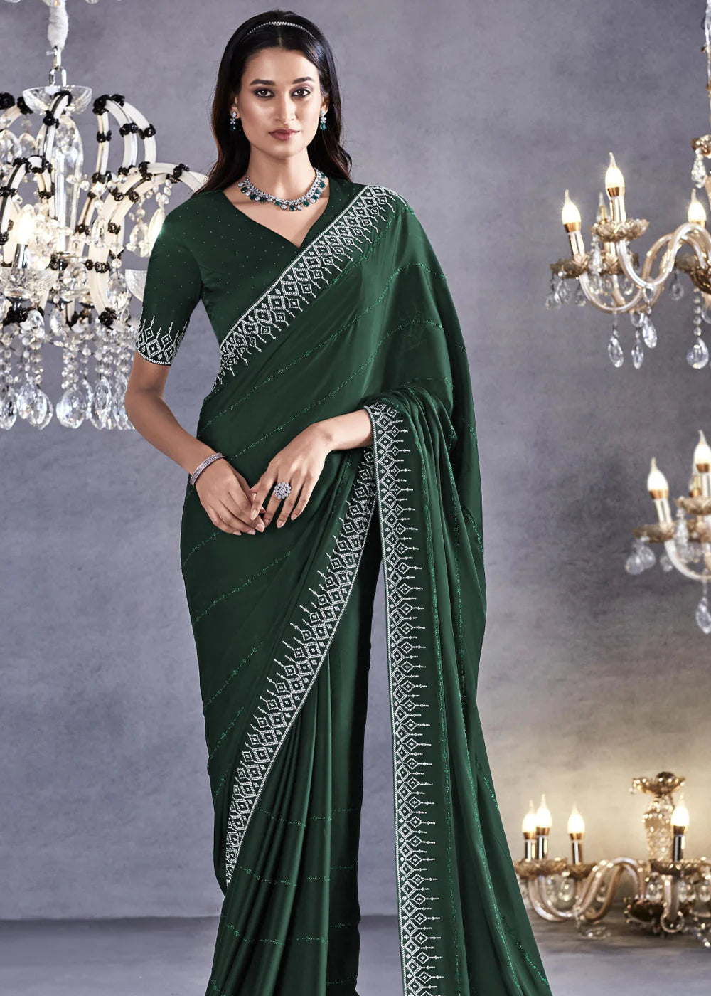 OLIVE GREEN Embroidered Satin Silk Zarkan Work  Saree