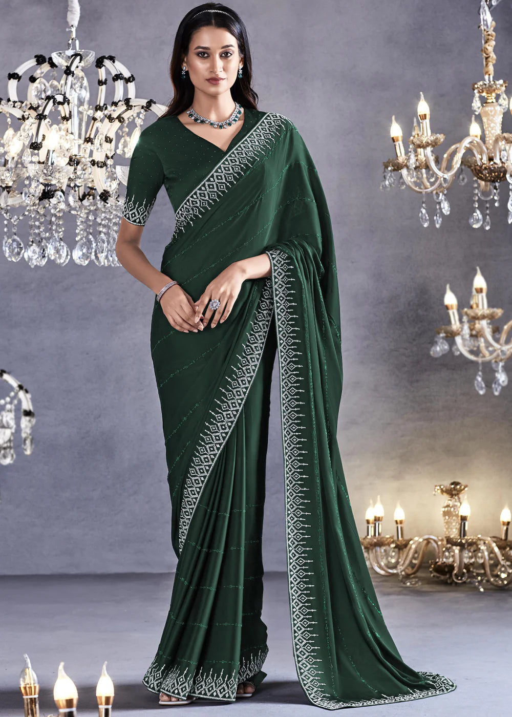 OLIVE GREEN Embroidered Satin Silk Zarkan Work  Saree