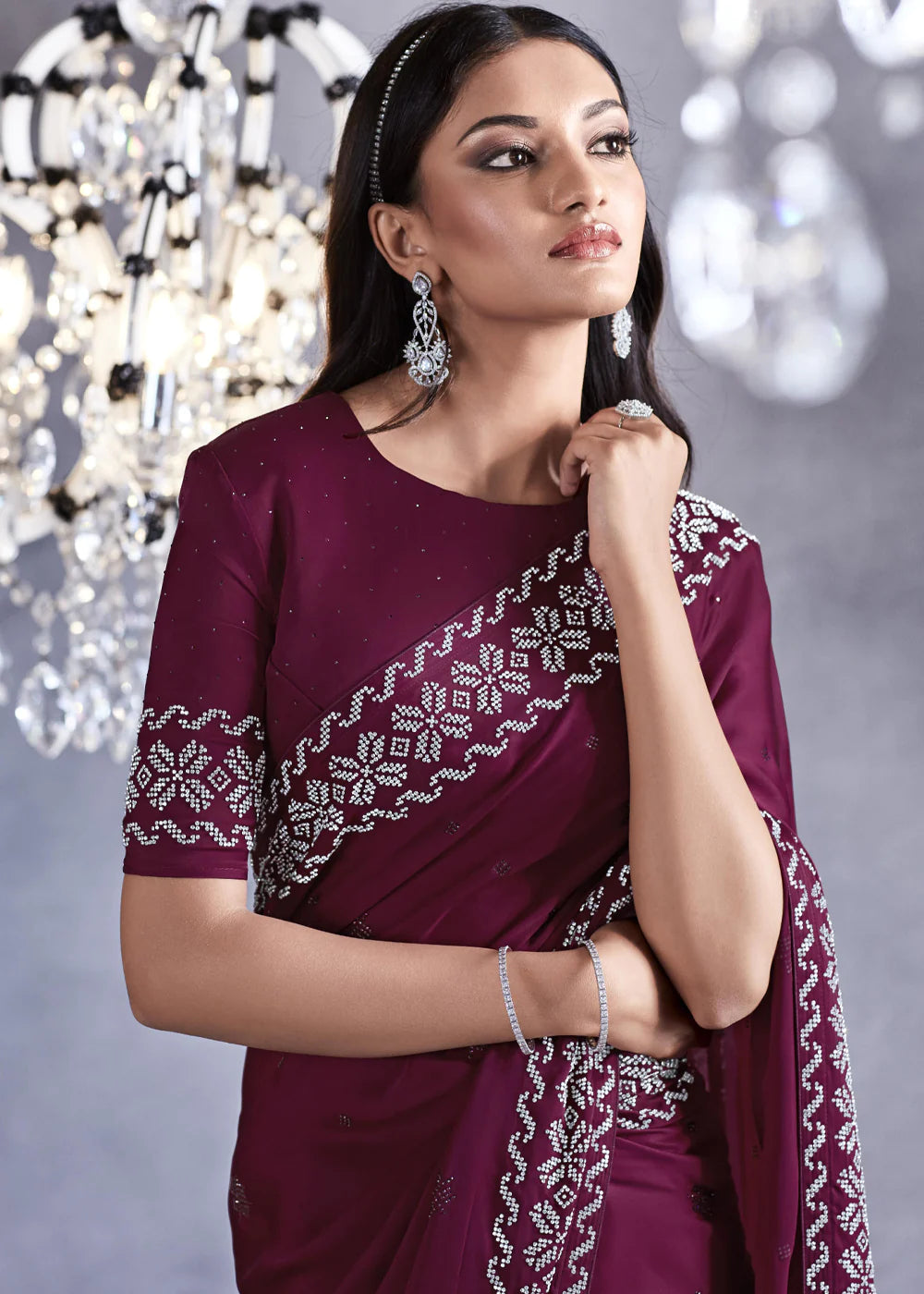 MULBERRY PURPLE Embroidered Satin Silk Zarkan Work  Saree