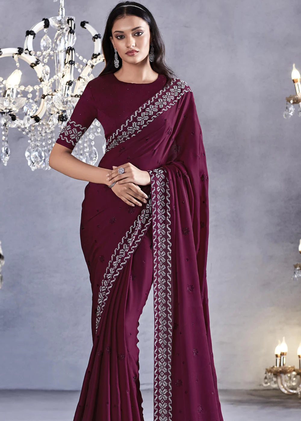 MULBERRY PURPLE Embroidered Satin Silk Zarkan Work  Saree