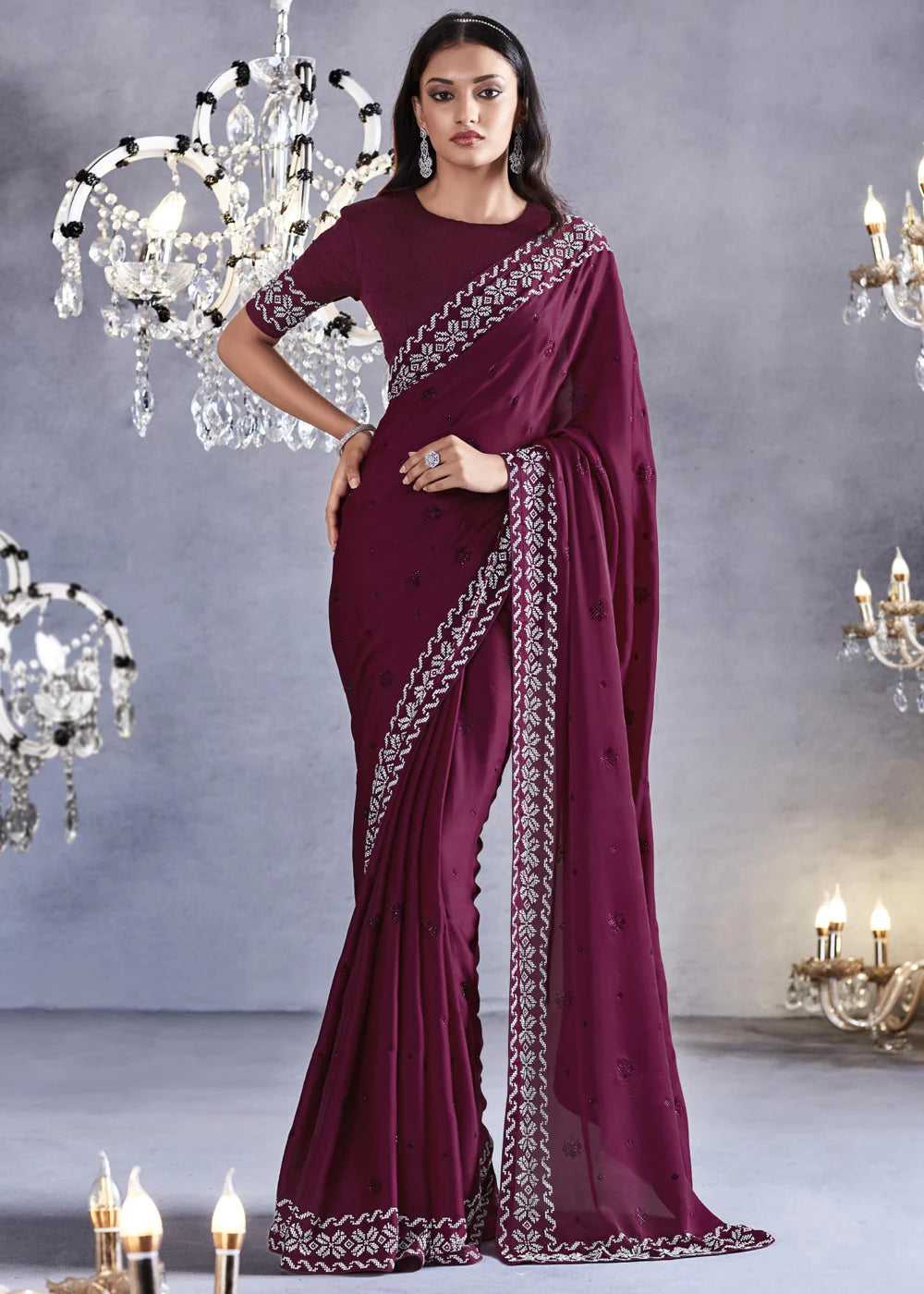 MULBERRY PURPLE Embroidered Satin Silk Zarkan Work  Saree