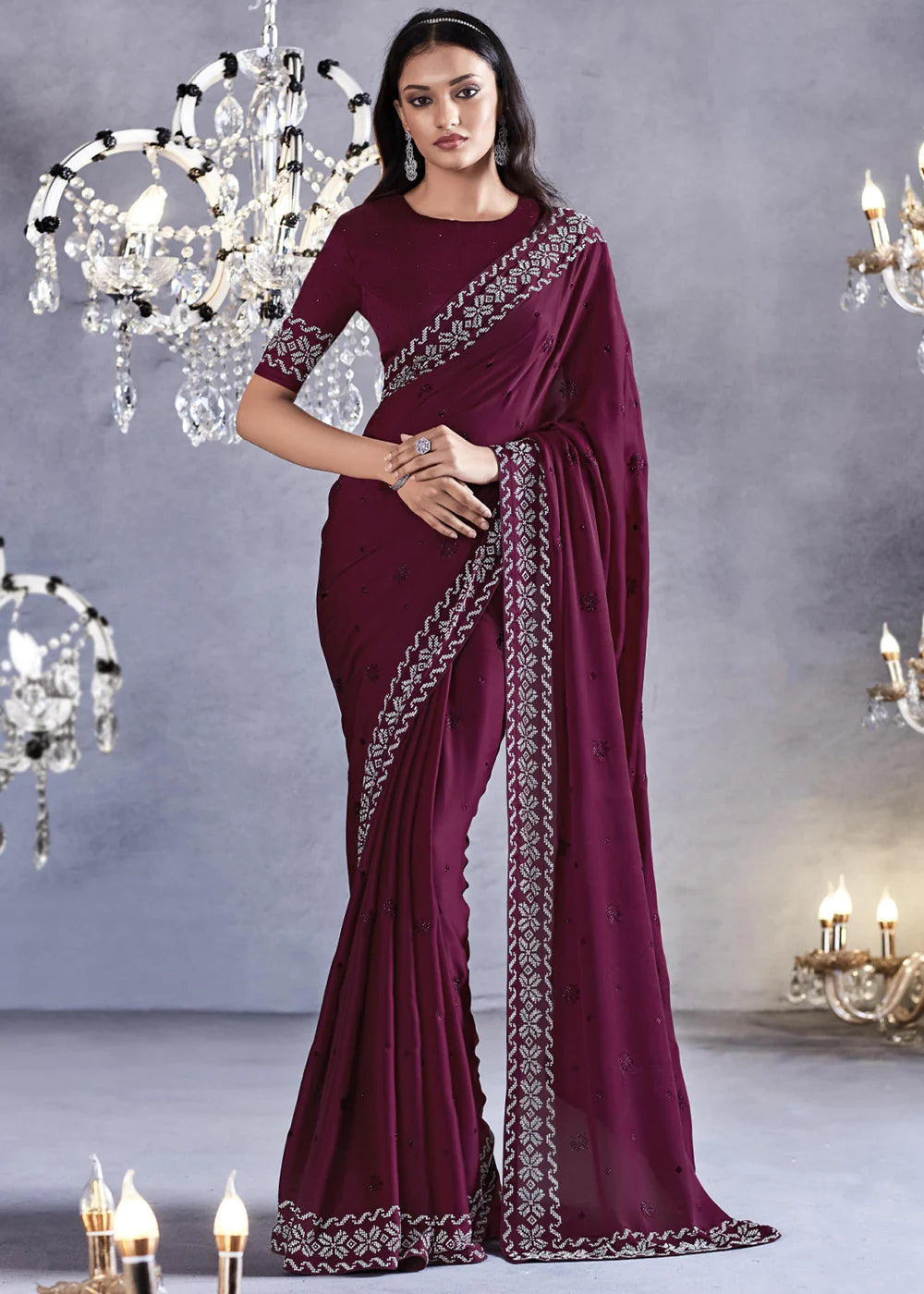 MULBERRY PURPLE Embroidered Satin Silk Zarkan Work  Saree