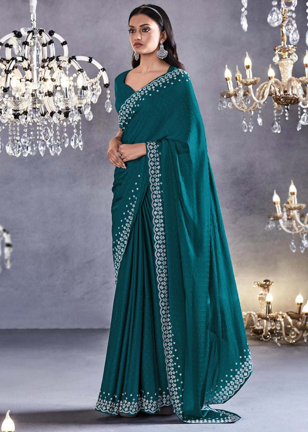 PARAKEET GREEN Embroidered Satin Silk Zarkan Work  Saree