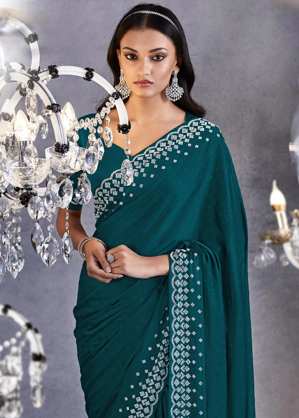 PARAKEET GREEN Embroidered Satin Silk Zarkan Work  Saree