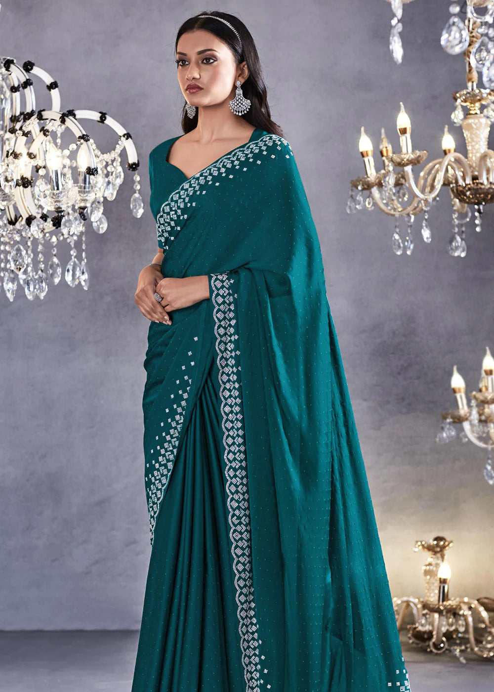 PARAKEET GREEN Embroidered Satin Silk Zarkan Work  Saree