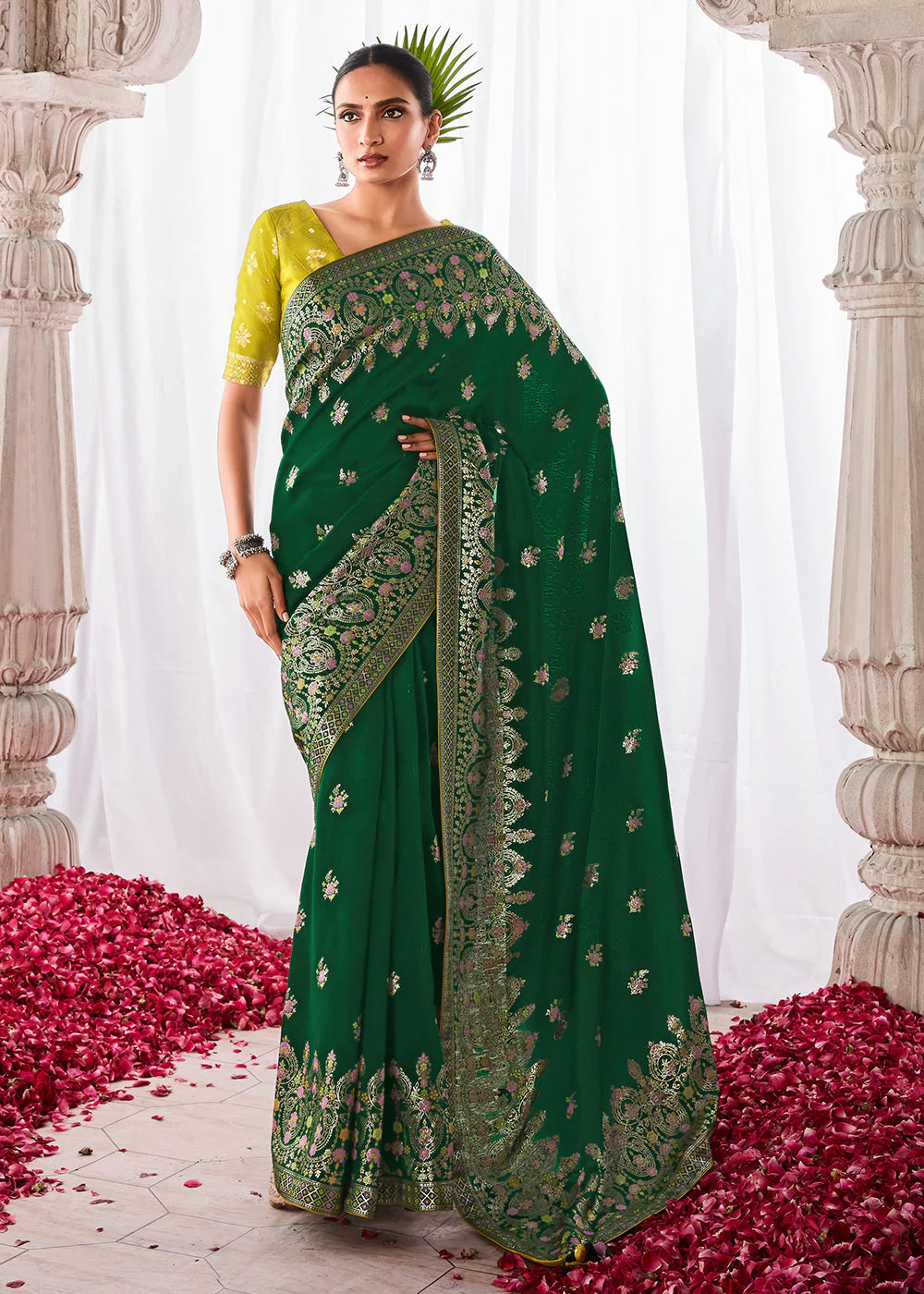 GREEN KORA SILK SAREE WITH MEENAKARI PALLU & DESIGNER BLOUSE