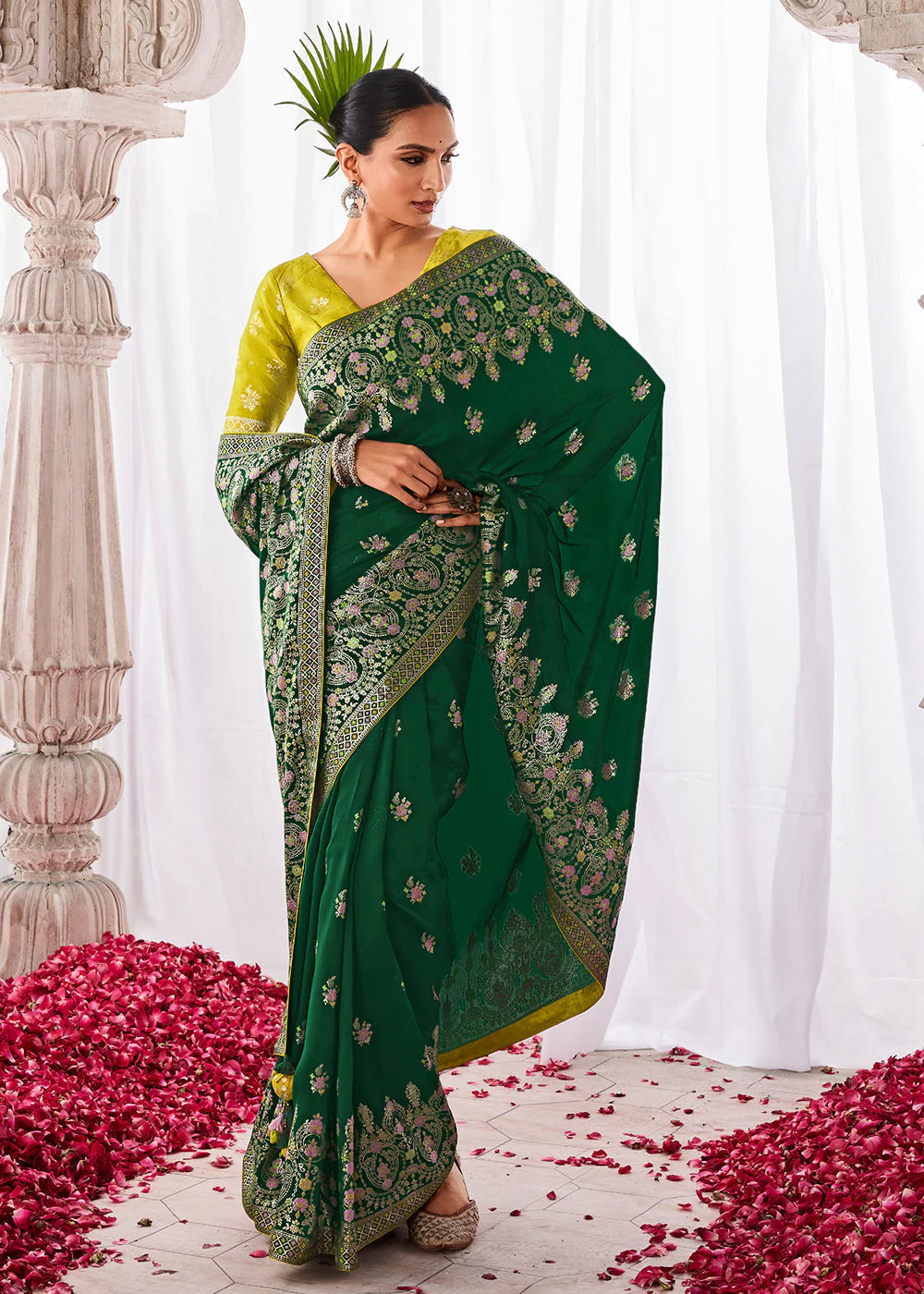 GREEN KORA SILK SAREE WITH MEENAKARI PALLU & DESIGNER BLOUSE