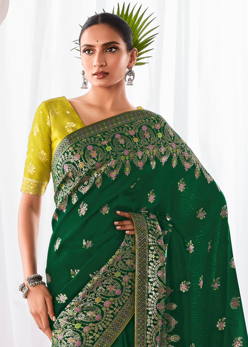 GREEN KORA SILK SAREE WITH MEENAKARI PALLU & DESIGNER BLOUSE