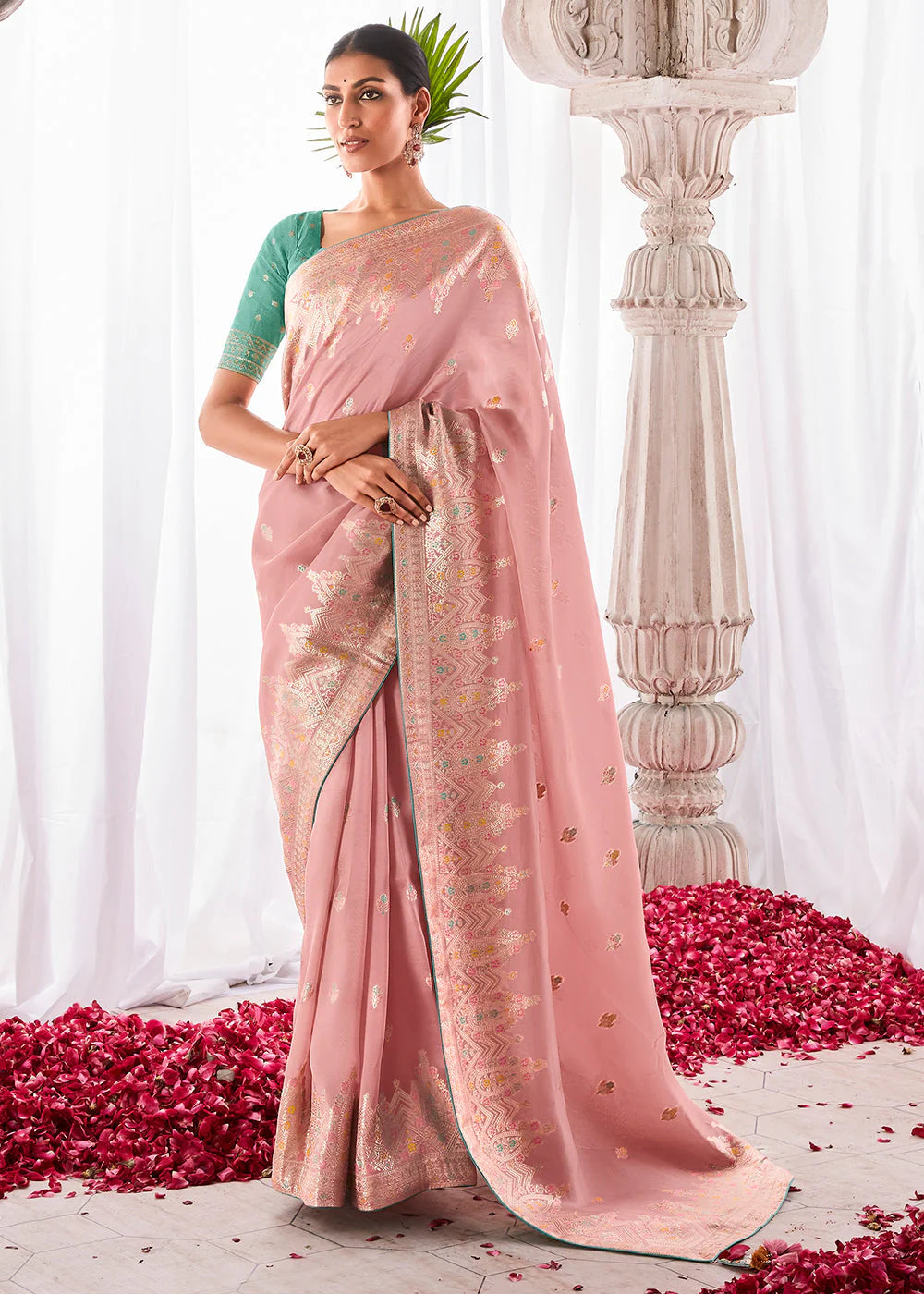 PINK KORA SILK SAREE WITH MEENAKARI PALLU & DESIGNER BLOUSE