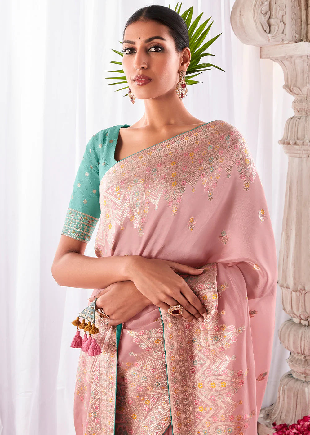 PINK KORA SILK SAREE WITH MEENAKARI PALLU & DESIGNER BLOUSE