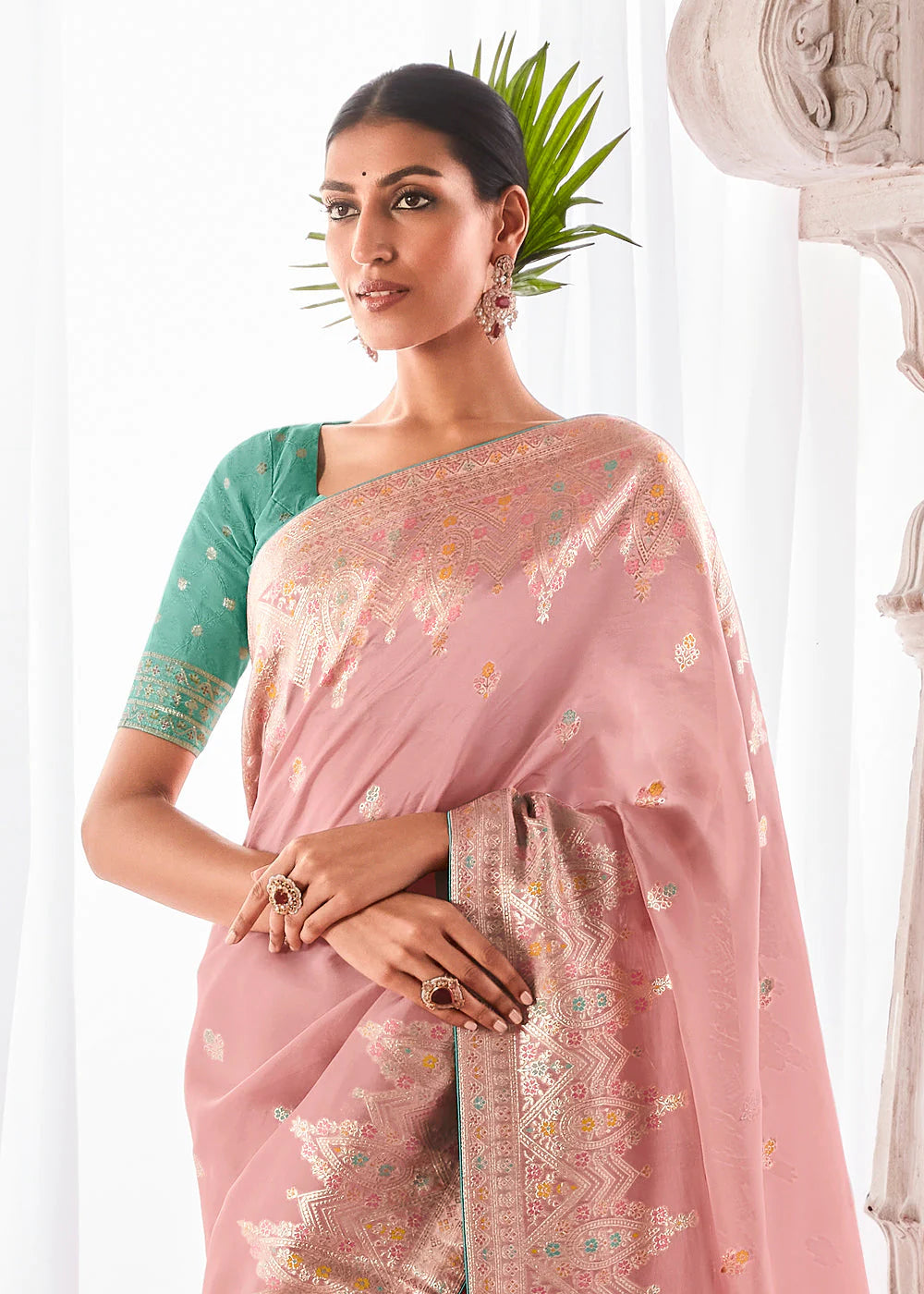 PINK KORA SILK SAREE WITH MEENAKARI PALLU & DESIGNER BLOUSE