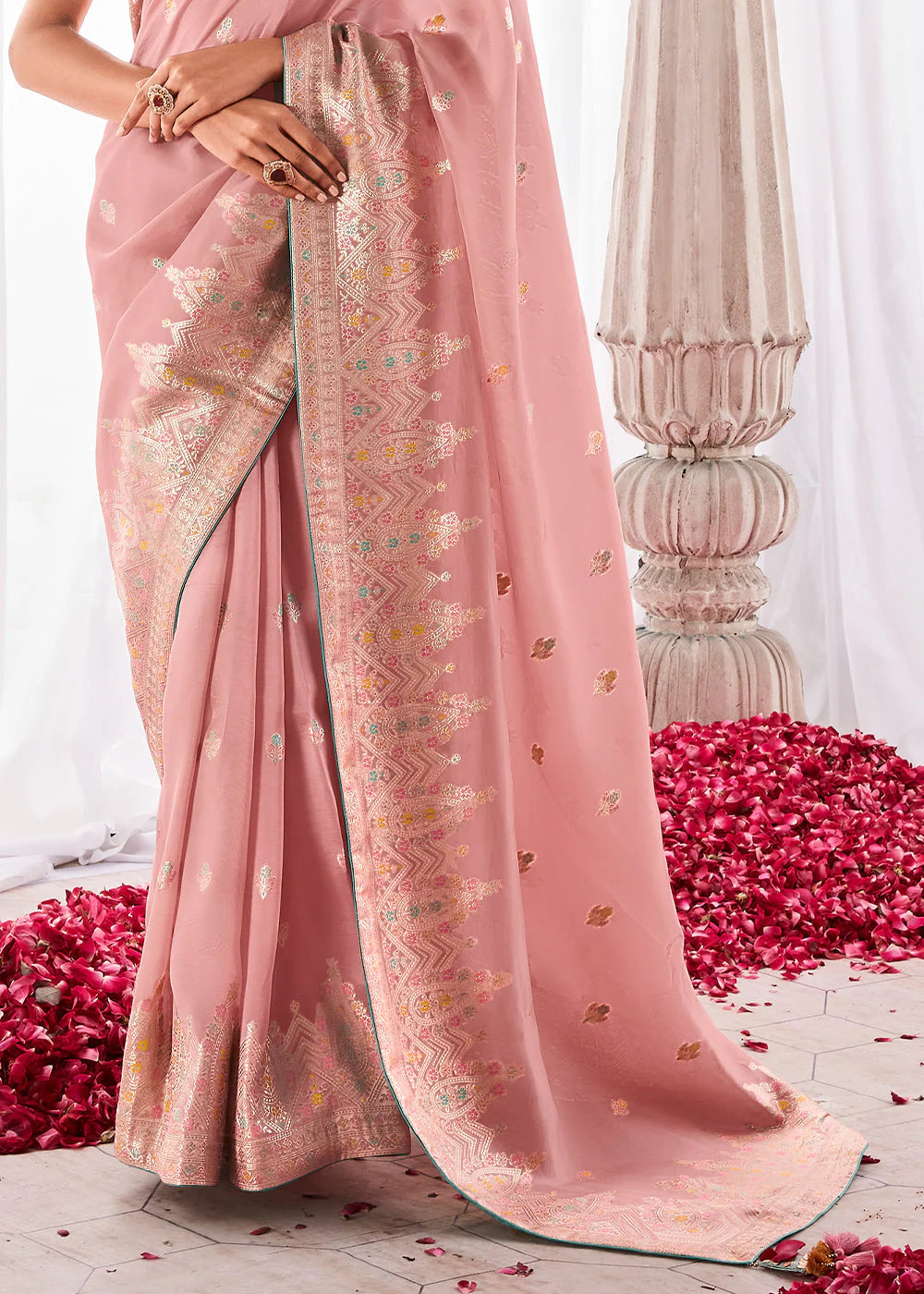 PINK KORA SILK SAREE WITH MEENAKARI PALLU & DESIGNER BLOUSE