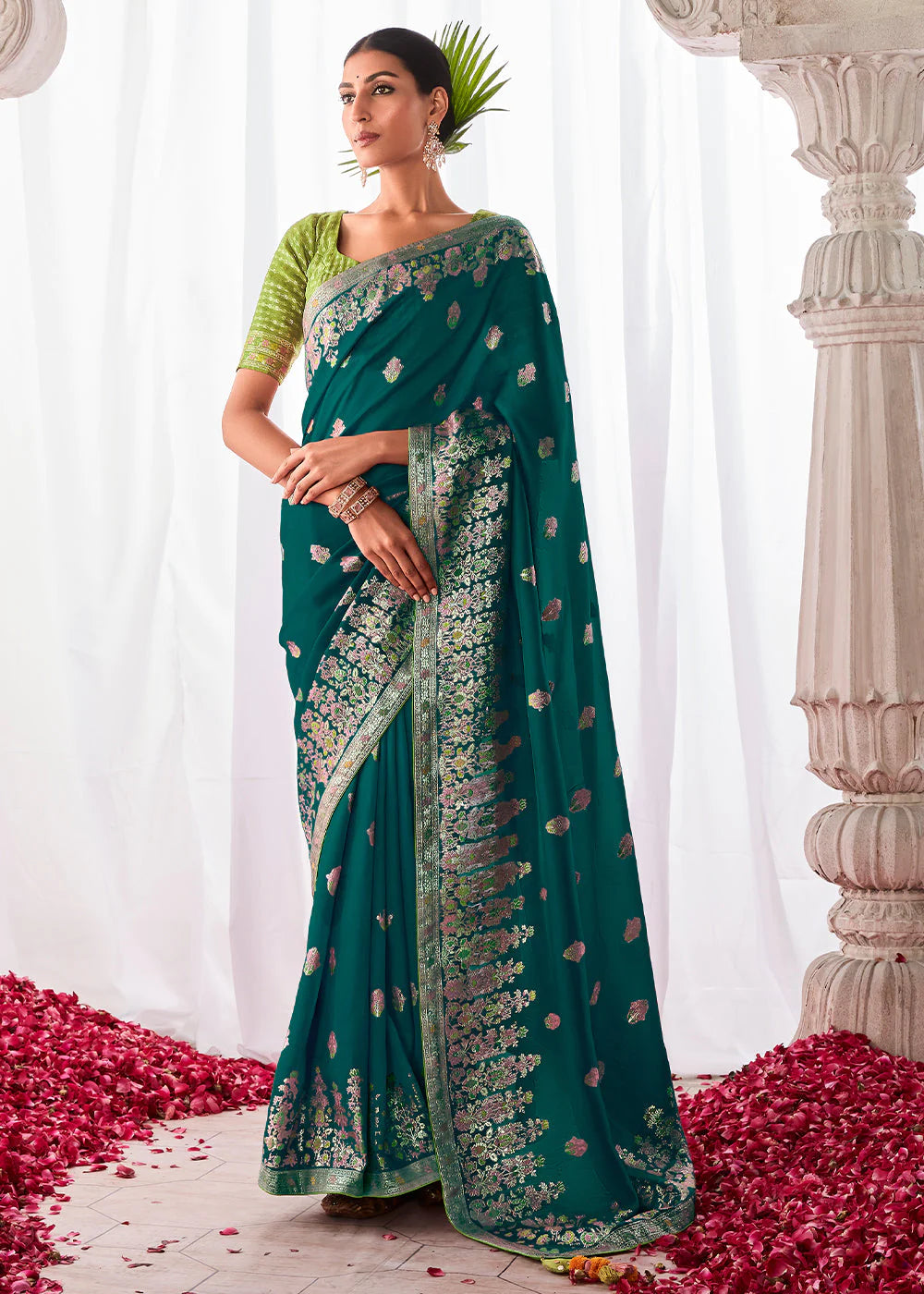 Emerald BLUE KORA SILK SAREE WITH MEENAKARI PALLU & DESIGNER BLOUSE