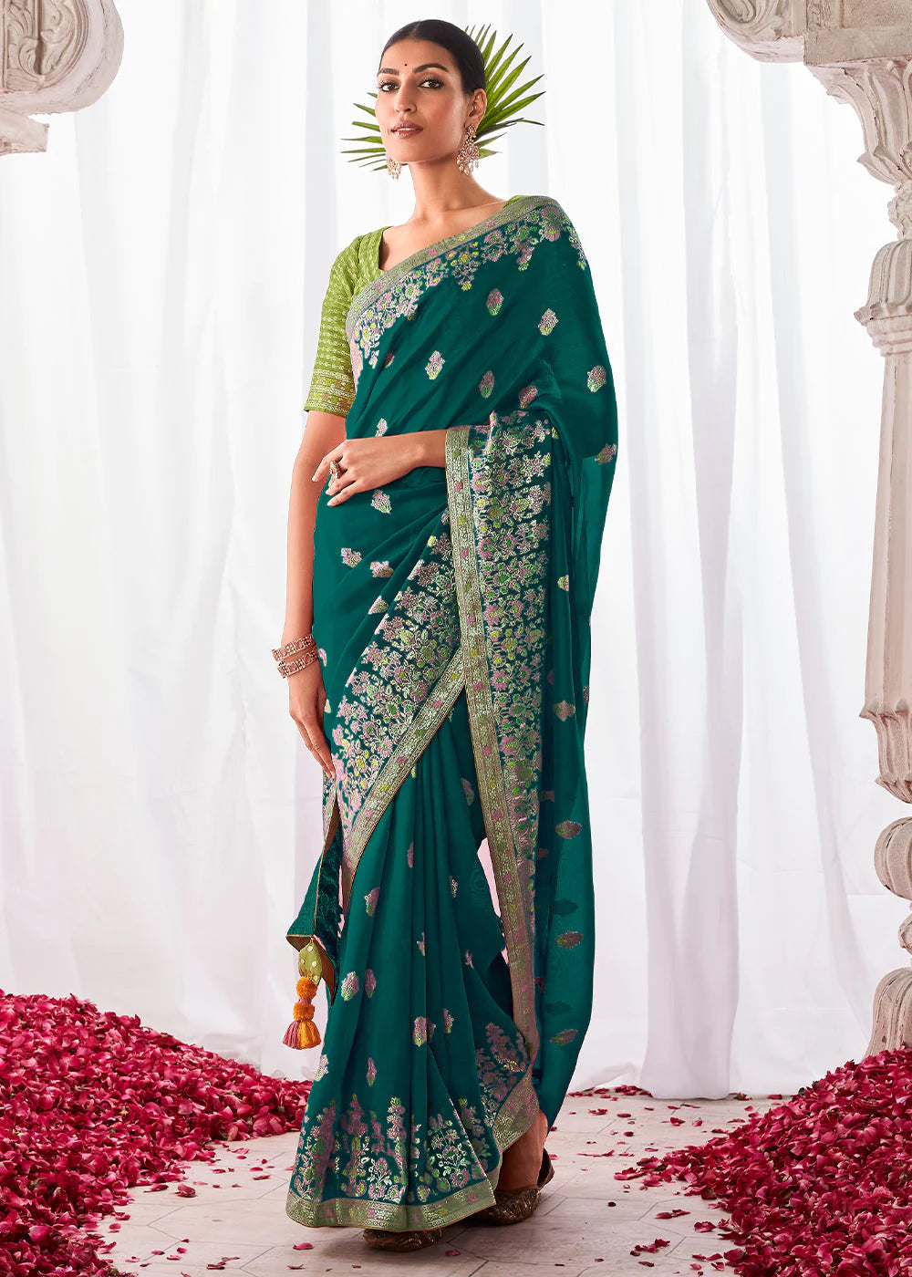 Emerald BLUE KORA SILK SAREE WITH MEENAKARI PALLU & DESIGNER BLOUSE