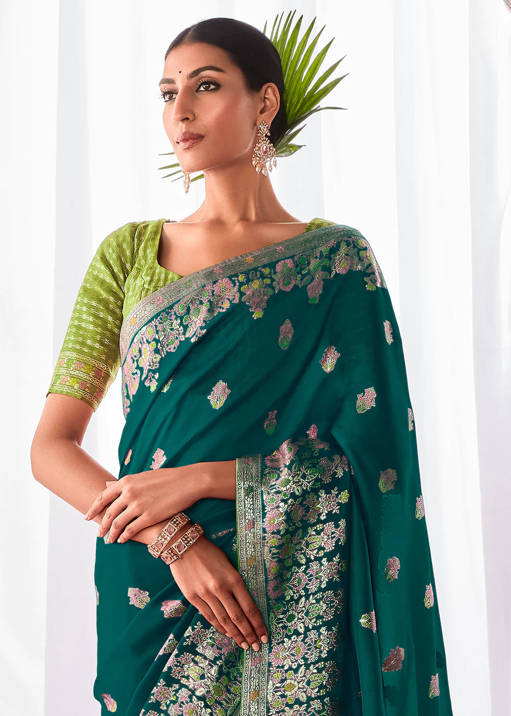 Emerald BLUE KORA SILK SAREE WITH MEENAKARI PALLU & DESIGNER BLOUSE