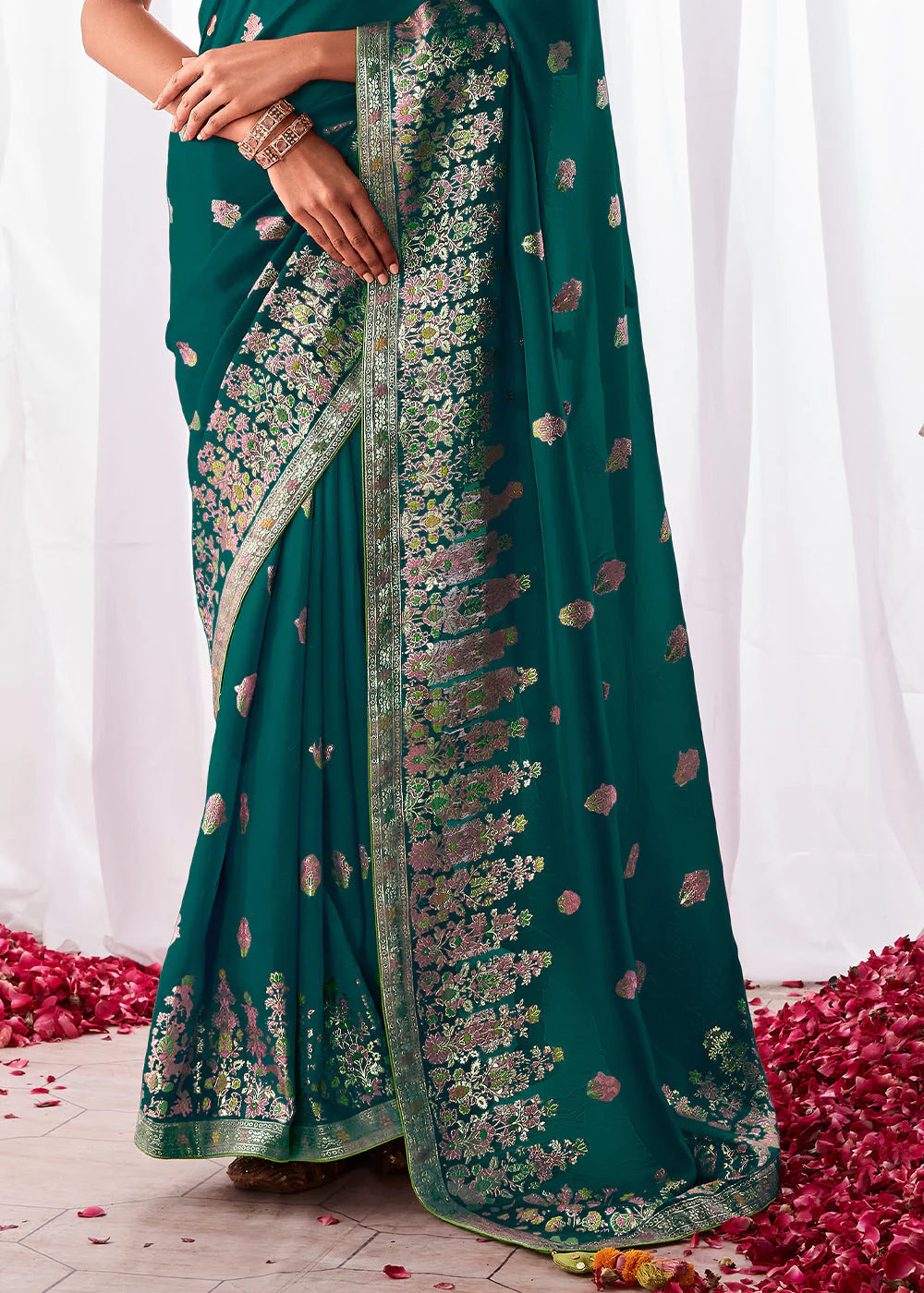 Emerald BLUE KORA SILK SAREE WITH MEENAKARI PALLU & DESIGNER BLOUSE