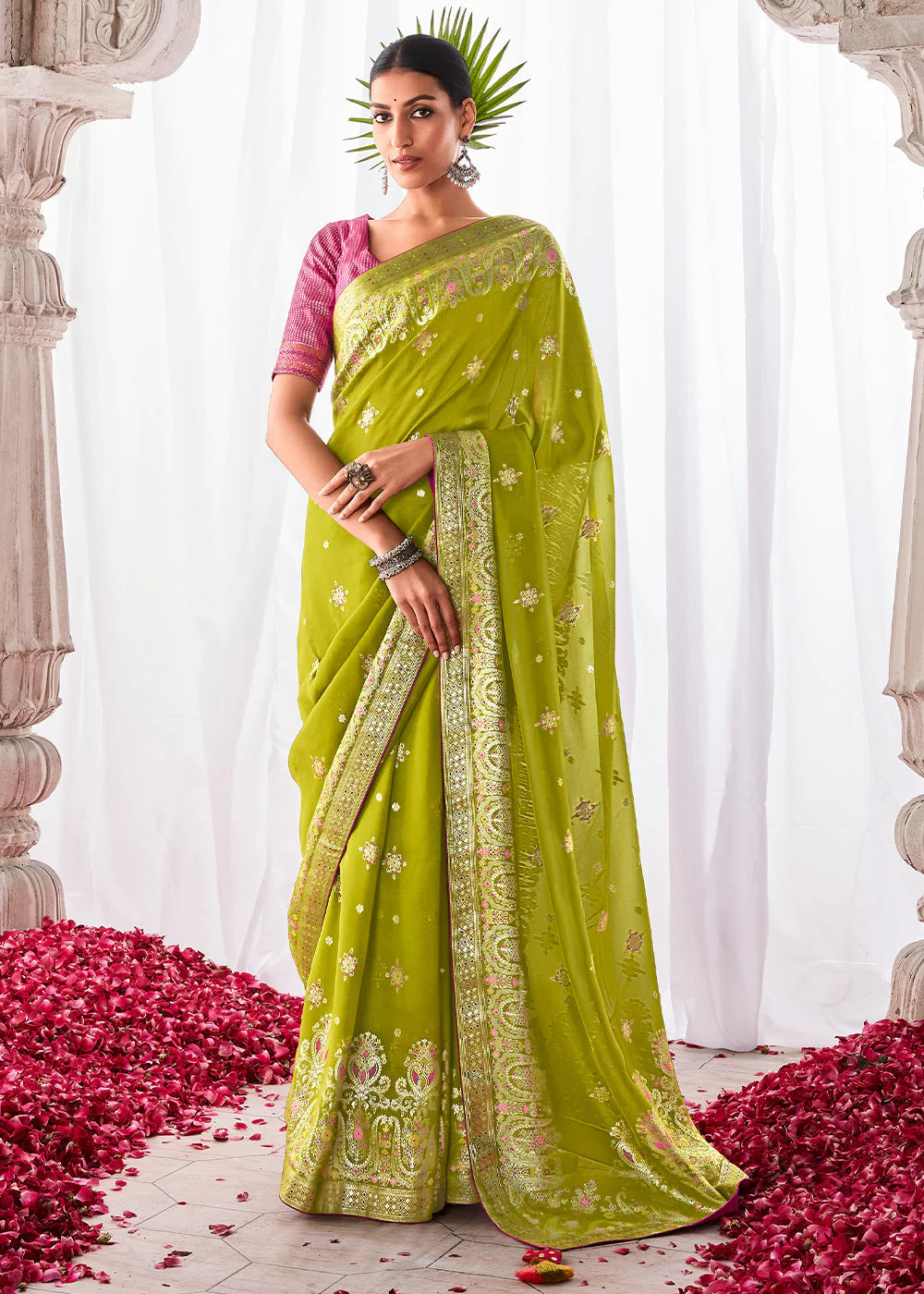 Fern GREEN KORA SILK SAREE WITH MEENAKARI PALLU & DESIGNER BLOUSE