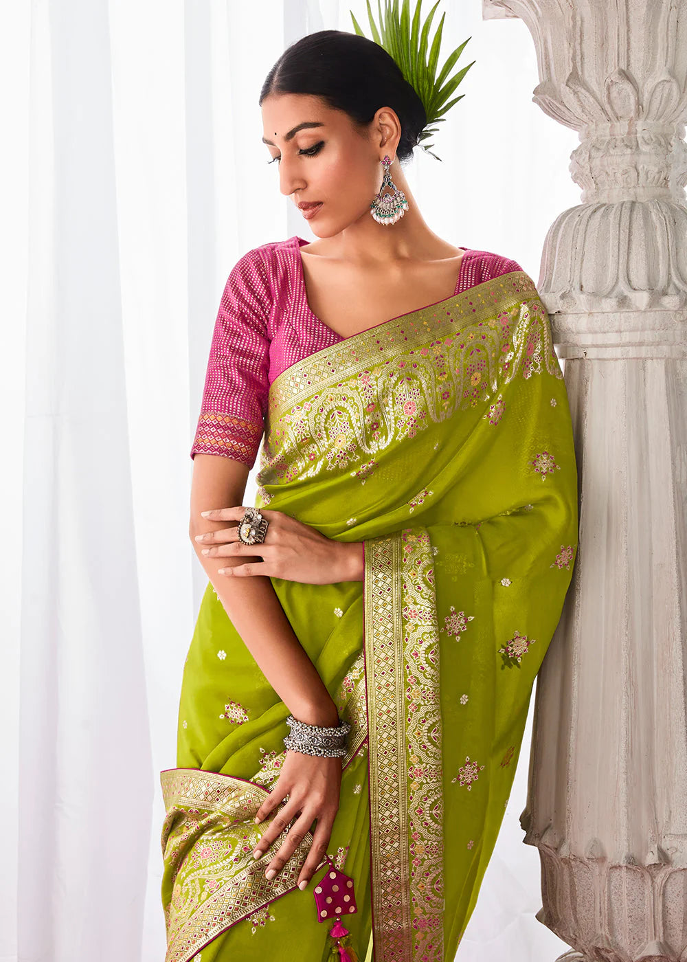 Fern GREEN KORA SILK SAREE WITH MEENAKARI PALLU & DESIGNER BLOUSE