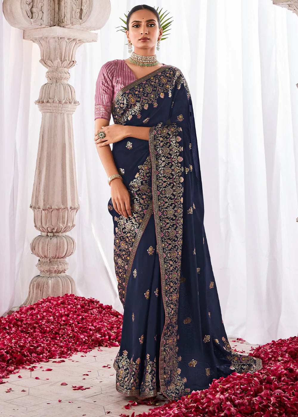 Sapphire BLUE KORA SILK SAREE WITH MEENAKARI PALLU & DESIGNER BLOUSE