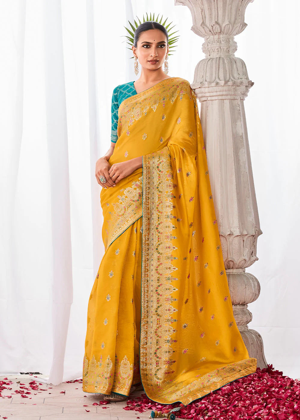 SAFFRON YELLOW KORA SILK SAREE WITH MEENAKARI PALLU & DESIGNER BLOUSE