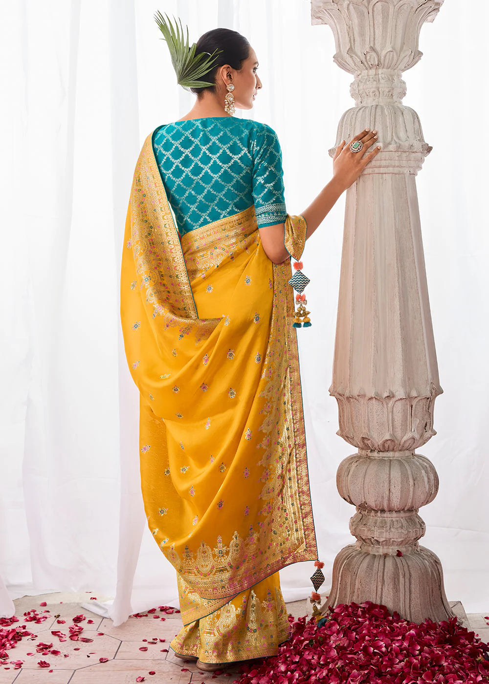 SAFFRON YELLOW KORA SILK SAREE WITH MEENAKARI PALLU & DESIGNER BLOUSE