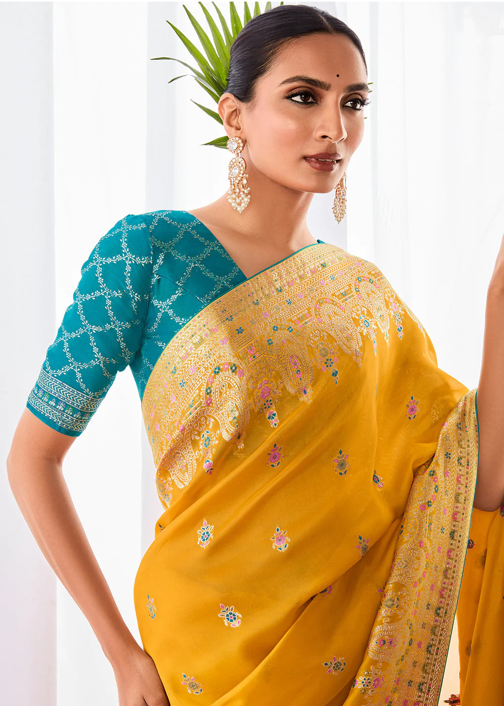 SAFFRON YELLOW KORA SILK SAREE WITH MEENAKARI PALLU & DESIGNER BLOUSE