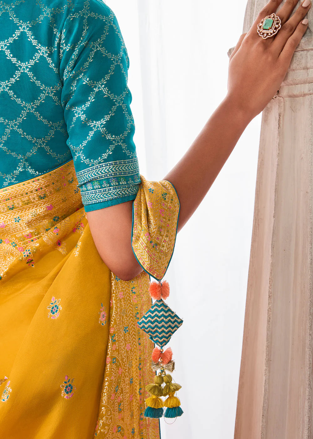 SAFFRON YELLOW KORA SILK SAREE WITH MEENAKARI PALLU & DESIGNER BLOUSE